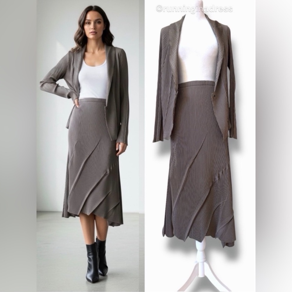 Babette San Francisco Pleated 2-Piece Set Jacket & Midi Skirt Grey Green P/XS